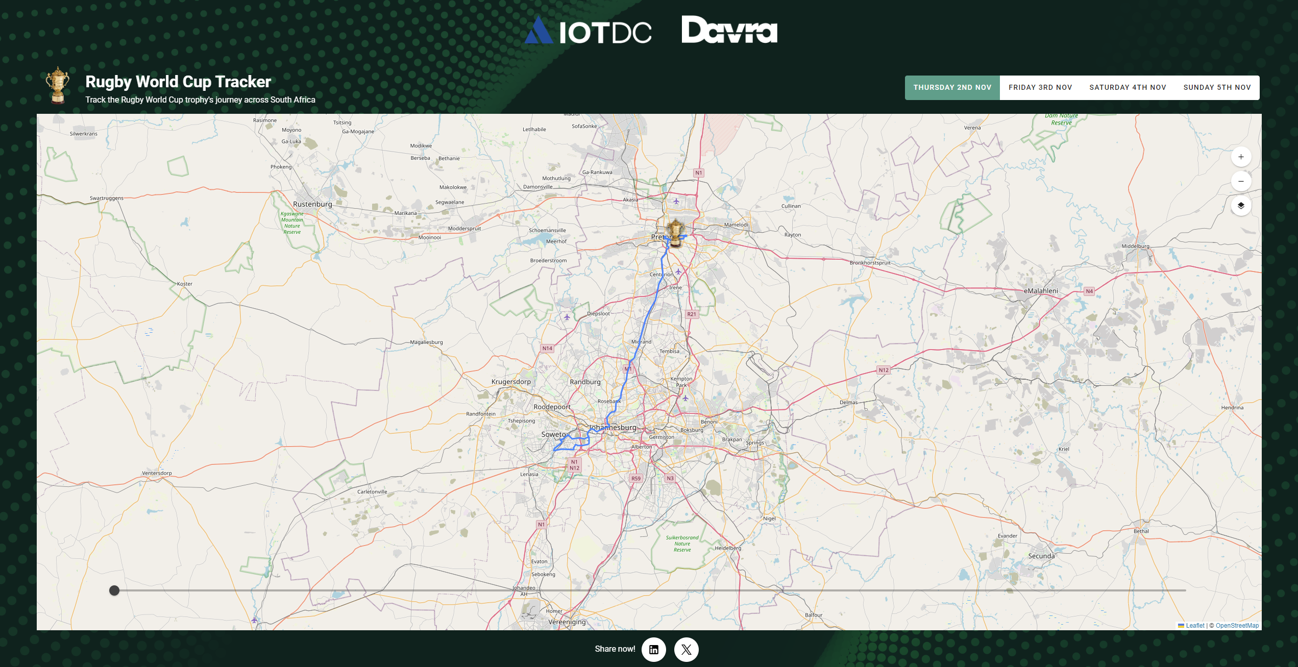 A screen shot of the Rugby World Cup trophy Tracker app with a map on a green background.