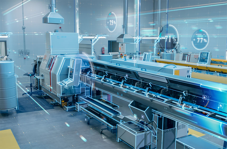 industrial equipment in a clean room with various metrics digitally imposed