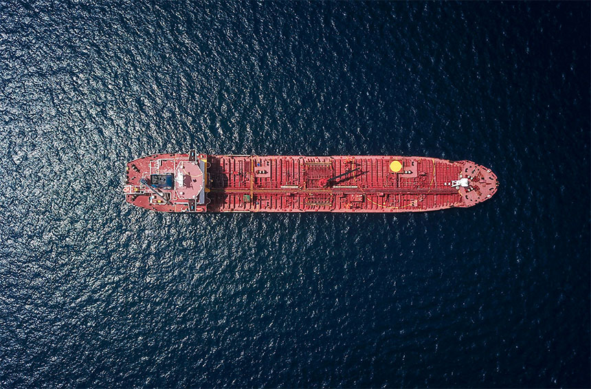 aerial view of a container ship at sea